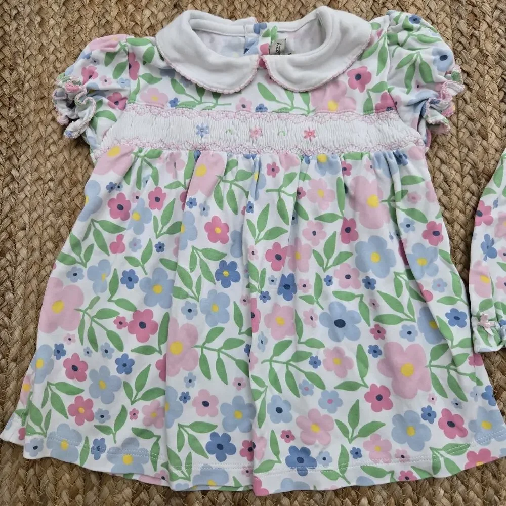 Girls Marco &Lizzy Floral 2 piece Outfit Ruffles Flowers Smocked Pima Cotton 24m